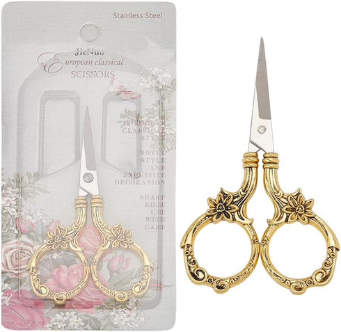 SUNNYCLUE 3.5 Inch Stainless Steel Flower Scissors Sewing Detail Shears Embroidery Scissors Antique Gold Floral Trimming Scissors for Cutting Fabr...