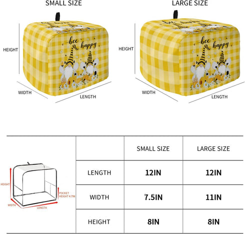 Toaster Cover 2 Slice, Bee Honey Gnomes Daisy Flower on Yellow White Buffalo Plaid Bread Maker Cover Toaster Dust Cover with Pockets, Dust-Proof C...