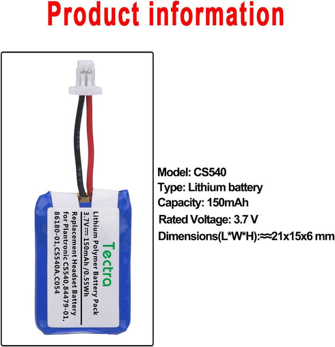 CS540, C054 Replacement Battery, 84479-01, 86180-01 Battery for Plantronics CS540, CS540A, C054 Wireless Headsets, 4-Pack...