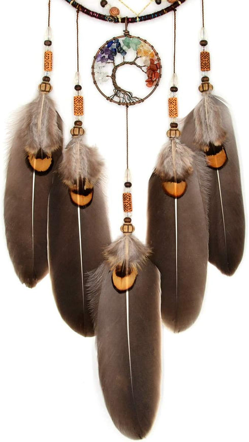 Urdeoms Tree of Life Dream Catchers for Bedroom Adult Brown Boho Dream Catcher Wall Decor for Girls Chakra Crystal Healing Stones Hanging Ornament...