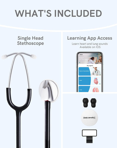 FriCARE Black Stethoscope - Single Head Stethoscopes for Nurses Home Health Use - Estetoscopio First Aid Accessories, StethoMedic Essentials, Adul...