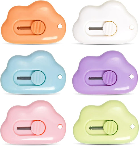 6 Pcs Mini Retractable Utility Knife Cloud Pocket Box Cutters Plastic Letter Opener Slide Open with Keychain Hole for Box Letter Envelope, Cloud S...