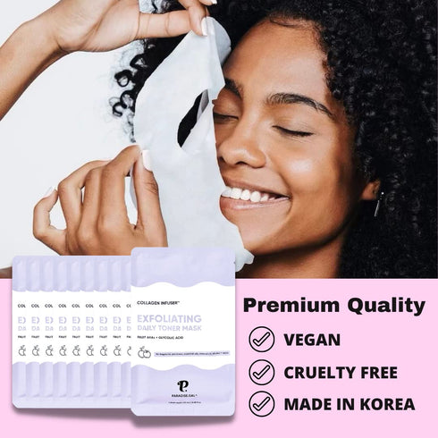 Exfoliating Face Masks (10-Pack) Korean Skincare Infused with Exfoliating Collagen, AHA, Glycolic Acid, BHA, Niacinamide & Ceramide - Revitalizing...