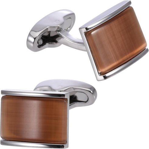 Rectangle Brown Cats Eye Gemstone Cufflinks for Men Women In Gift Case Silver Elegent Gem Men's Cufflinks Jewelry Set for Wedding Party Anniversar...