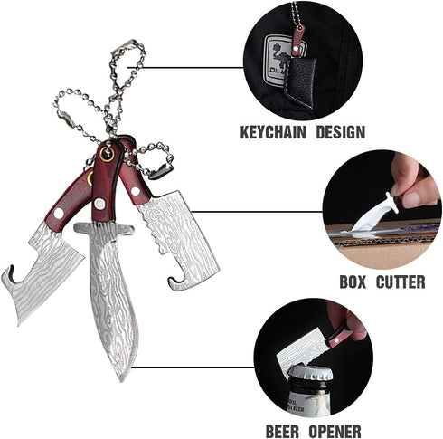 HAOXU Mini Pocket Knife Set Damascus Tiny Knife For Beer Bottle Opener Package Box Cutter Necklace Knife - 4pcs...