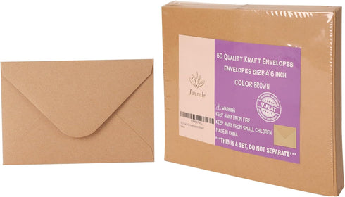 V-flap Kraft Envelopes, 50 Pack, 4 x 6 Inch, A4 Envelopes, Card Envelopes, Brown Envelopes, Kraft Paper Envelopes for Invitations, Postcard Envelo...