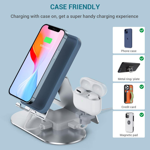 4 in 1 Charging Station for Multiple Devices Apple, Aluminum Apple Watch Charger Stand for iWatch Series, iPhone 14/13/12/11/X/8/7/6, iPad,Airpods...