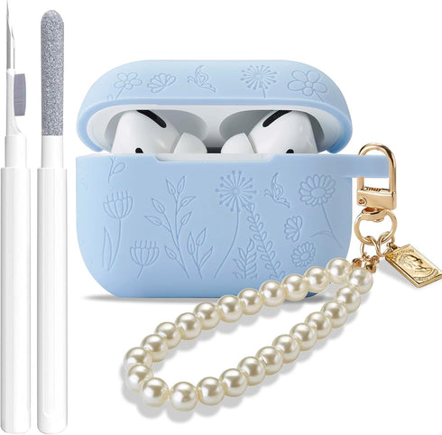 Flower Engraved Case for Airpods Pro 2nd/1st Generation Case Cover with Cleaner Kit, Silicone Skin Airpod Pro Protective Case with Luxury Pearl Ke...