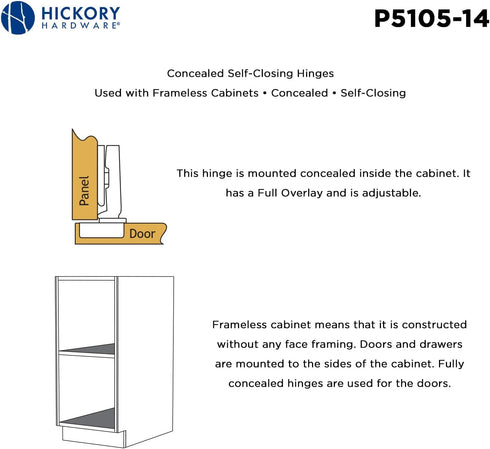 Hickory Hardware P5105-14 Euro Cabinet Concealed Hinge - Self Closing Feature - Easy Installation hinge - Full Overlay Frameless Design with 105° ...