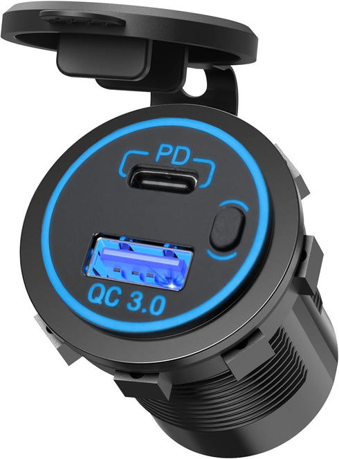 MGI SpeedWare Dual USB Port Charger Socket for Cars Boat and Trucks, 12V 24V 36W PD Type-C Socket + QC3.0 Quick-Charge, with Start Button and Blue...