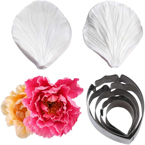 KALAIEN 5pcs Stainless Steel Peony Cutter 2pcs Fondant Silicone Mold Gumpaste Peony Sugarcraft Flower Veining Mold Veiner Petal Making Tool...