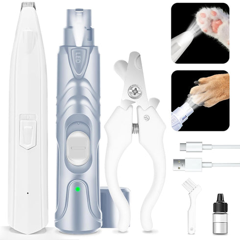 Dog Paw Trimmer Clipper - LED Nail Trimmer for Dogs, Quiet Dog Nail Grinder, Rechargeable Pet Clipper for Grooming, 3 in 1 White...
