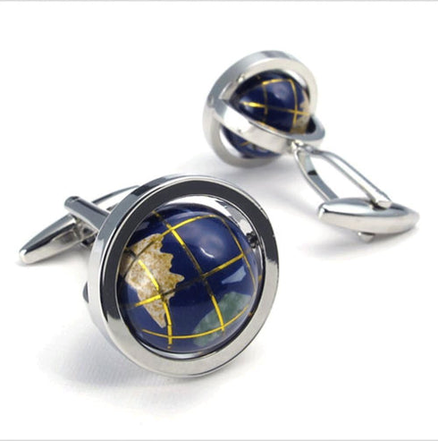 LBFEEL Really Spins Rhodium Plated Blue Globe Earth Cufflinks for Men with a Gift Box...