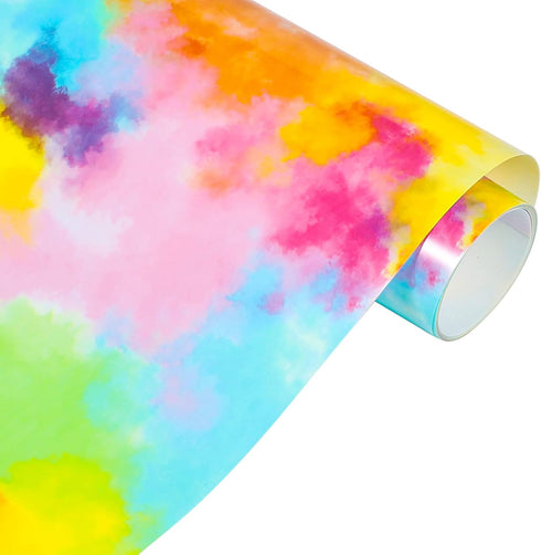 VINYL FROG Tie-Dye Heat Transfer Vinyl Roll 10" x5ft Rainbow HTV Vinyl Blue & Yellow Watercolor Clouds Patterned Vinyl for DIY T-Shirts, Bag, Shoe...