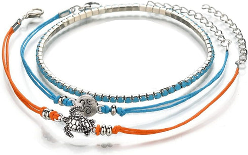 3 Pcs Multilayer Blue Beads Turtle Anklets for Women Men Foot Boho Handmade Adjustable Anklets...