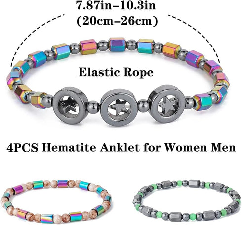 4pcs Hematite Anklet for Women Men - Hematite Stone Anklet Anxiety Relieve Anklet Circle Star Anklets...