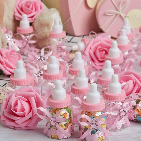 MACTING 2 Dozens 3.5 Inch Feeding Bottle Candy Box with 5 Pcs Artificial Flower Rose for Baby Shower Favor Gift Decoration (Pink)...