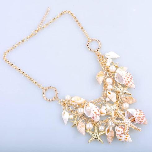 Bohemian Shell Drop Dangle Choker Necklace Large Star Starfish Conch Pearl Chunky Statement Necklace Boho Summer Beach Wedding Seaside Vacation Ac...