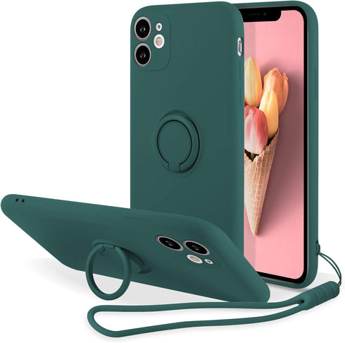 UEEBAI Case for iPhone 11 (6.1 inch), Slim Liquid Silicone Phone Case with 360 Rotatable Ring Holder Kickstand Fashion Hand Strap Magnetic Car Mou...