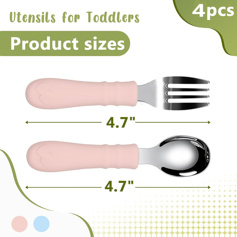 Toddler Utensils, 4PCS Fork and Spoon Kids Silverware with Silicone Handle Stainless Steel Utensils for Babies...