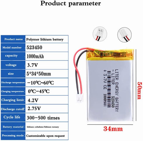 3.7V 523450 1000mAh Lithium Polymer ion Battery Rechargeable Polymer Battery Pack with JST 2.0mm Connector...
