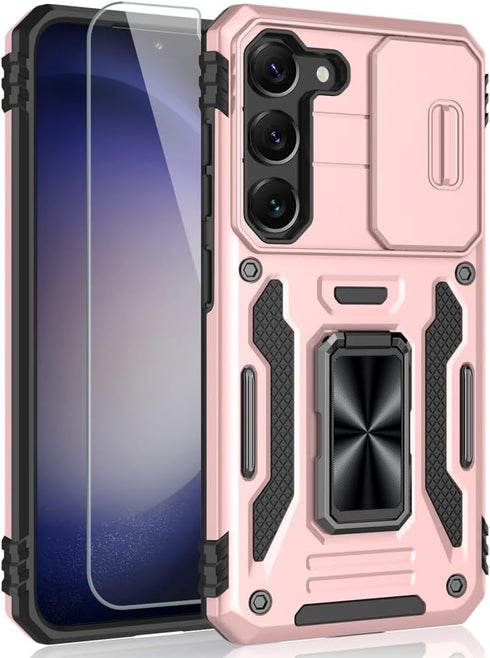 for Samsung Galaxy S23 Case, Shockproof Phone Case with Sliding Camera Cover & Rotatable Ring Holder Kickstand + Tempered Glass Screen Protector f...