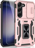 for Samsung Galaxy S23 Case, Shockproof Phone Case with Sliding Camera Cover & Rotatable Ring Holder Kickstand + Tempered Glass Screen Protector f...