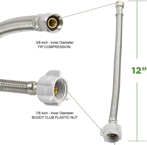 CNCT1274 No Lead Stainless Steel Braided Tank Supply Line with 3/8'' Compression Fitting and 44020 BC Plastic Nut, 12...
