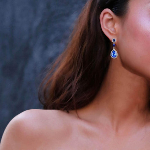Vintage Sapphire Crystal Drop Earrings Waterdrop Sapphire Earrings Silver Teardrop Blue Rhinestone Earrings Blue Cz Bridal Earrings Jewelry for Wo...