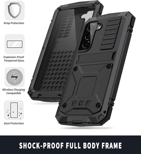 Samsung Galaxy S22 Plus Aluminum Metal Bumper Silicone Case with Stand, Water Resistant, Heavy Duty Rugged, Built-in Screen Protector, Black...