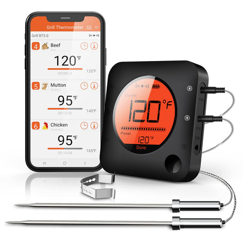 BFOUR Meat Thermometer Wireless Bluetooth, LCD Digital Meat Thermometer with Dual Probe, Wireless Remote BBQ Thermometer for Smoker Kitchen Cookin...