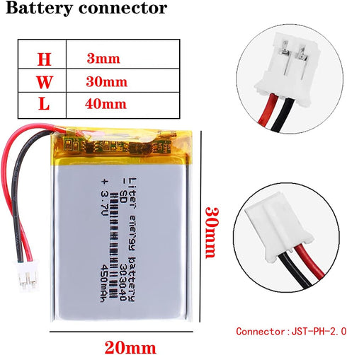 3.7V Lipo Battery 450mAh Rechargeable Lithium ion Polymer Battery 303040 Lithium Polymer ion Battery with JST Connector...