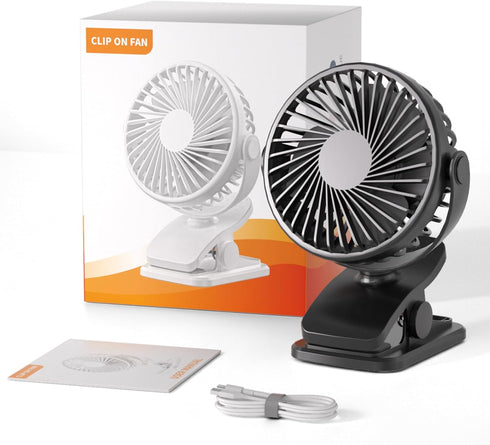 Portable Clip on Fan, 360° Rotate Battery Operated Stroller Fan, 3 Speed Quiet Mini Personal Desk Fan, USB Rechargeable Clooing Fan for Outdoor Ca...