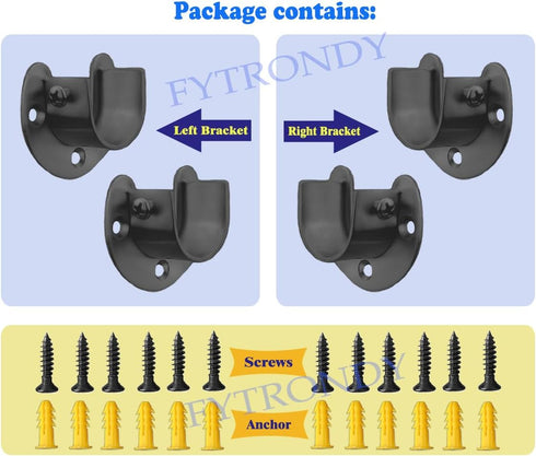 Black Edition Stainless Steel Wardrobe Closet Rod Bracket, U-Shaped Open Type Socket Bracket, Shower Curtain Rod Pole End Supports Sockets Flange ...