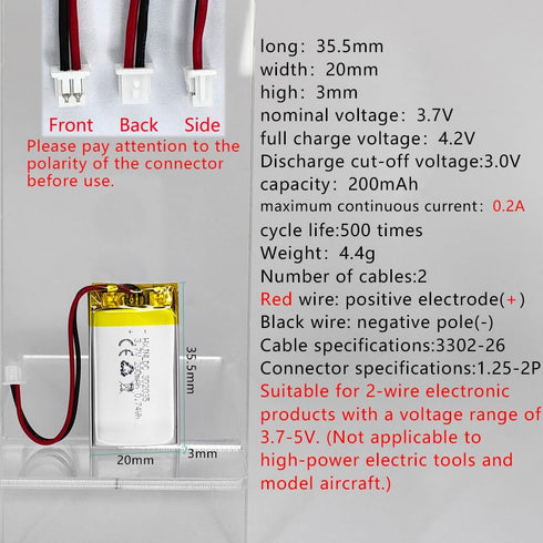 DC 3.7V 200mAh 302035 Rechargeable Lithium Polymer Battery, Suitable for DIY 3.7-5V Electronic Products with Built-in 2-Wire Battery Replacement a...