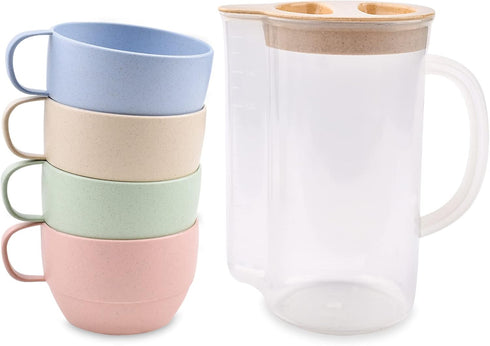 Lnrkai 5Pcs Camping Cups Plastic Set with Handle, Lightweight Breakfast Cups Reusable Unbreakable Mug with Pitcher Jug for Juice, Coffee, Tea, Wat...