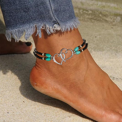 2PCS Beaded Anklets for Women with Silver Double Heart Stretch Elastic Ankle Bracelets for Women Summer Boho Jewelry...