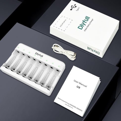 Dlyfull 8 Bay AA AAA Battery Charger with USB-C High-Speed Charging, Independent Slot for 1.2V Ni-MH Ni-CD Rechargeable Batteries, Cable Included....