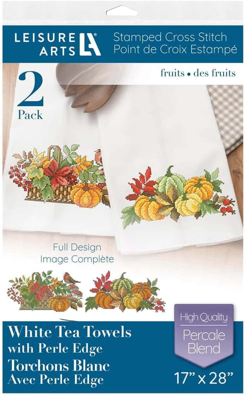 Leisure Arts Tea Towel 17"x28" Fruits 2pc, towel set, embroidery kit, bathroom hand towels, kitchen towel, cross stitch kits, stamped cross stitch...