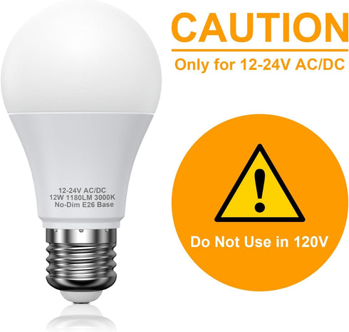 12V LED Light Bulbs, 12W 1050LM Warm White 3000K, 80W Equivalent 12-24Volt Low Voltage E26 Base AC/DC Light Bulbs for Off Grid Solar Lighting Mari...