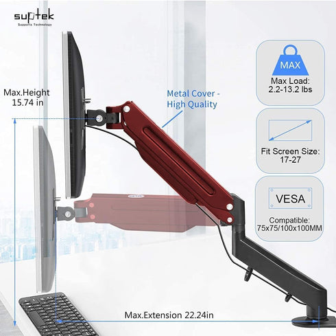 Suptek Monitor Mount Gas Spring Monitor Arm Desk Mount Monitor Stand Fully Adjustable Fits 17 20 22 23 24 26 27 inch Monitors Weight Capacity up t...