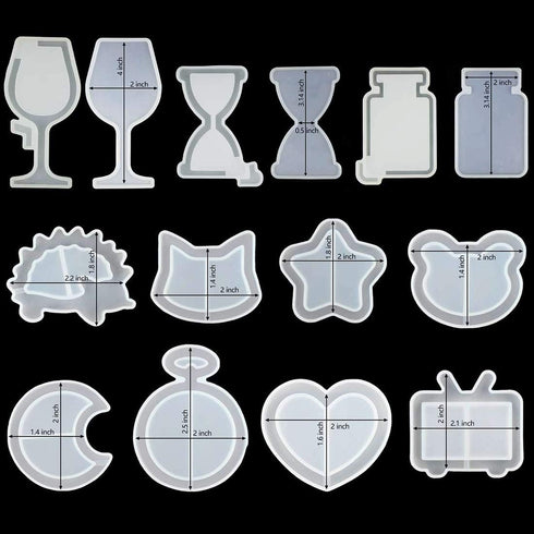 FineInno 11Pcs Quicksand Resin Casting Molds,Resin Art Shaker Mold, Crystal Silicone Hollow Mould Epoxy Pendant Mold Heart, Star, Moon,Bottle,Cat ...