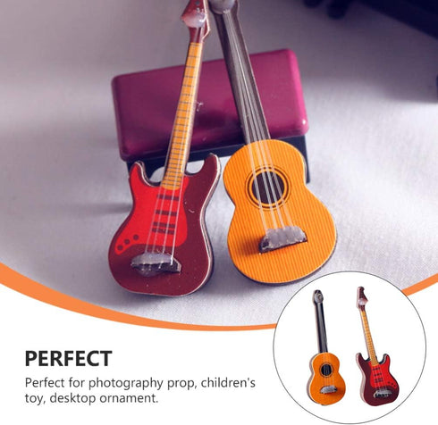 Toyvian 2Pcs Miniature Guitar Dollhouse Mini Musical Instrument Wood Bass Guitar Model Ornament for Fairy Garden Accessories Kids Play Toys Birthd...