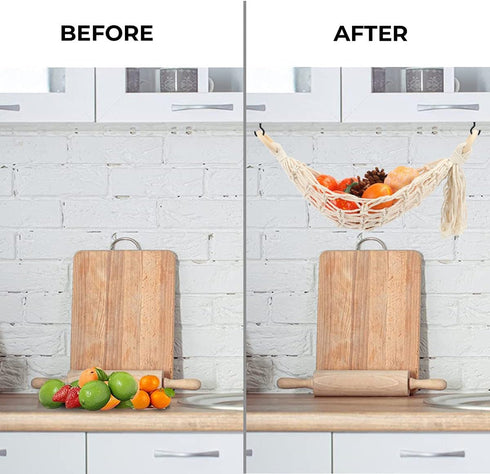 Hanging Fruit Hammock Under Cabinet Hanging Basket Includes Hooks - Macrame Bohemian Hanging Banana Vegetable Hammocks Kitchen Storage Counter Spa...