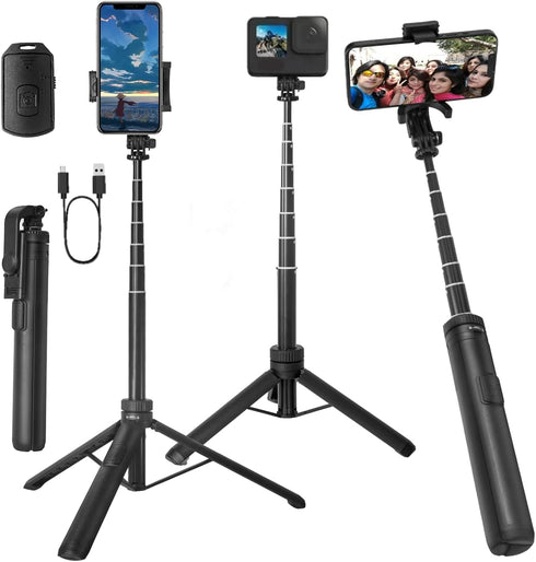 66" Selfie Stick Tripod for Cell Phone & Camera, All in 1 Expandable Phone Tripod with Remote Control and Rotate Phone Holder, Portable Tripod for...
