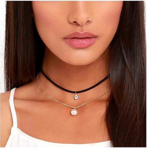 Layered Crystal Leather Choker Necklace Gold Pearl Pendant Necklace Boho Suede Collar Necklace Punk Black Chain Necklace Jewelry for Women...