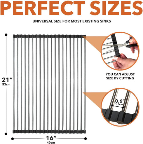 Roll Up Dish Drying Rack 21" x 16" - Over The Sink for Kitchen Counter, Foldable SUS304 Stainless Steel Dish Drying Rack for Cups, Utensils, Fruit...