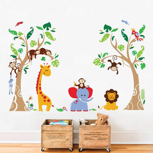 Runtoo Jungle Animals Tree Wall Decals for Nursery Baby Kids Bedroom Monkey Giraffe Elephant Wall Stickers Adventure Wall Décor...