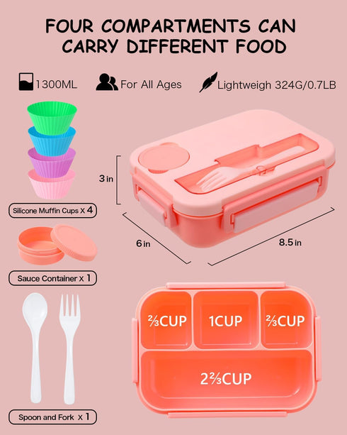 Vensp Bento Box Adult Lunch Box, Bento Box with 4 Compartments,Woman Lunch Box Containers for Work with Utensils,Sauce Jar, Muffin Liners,Microwav...