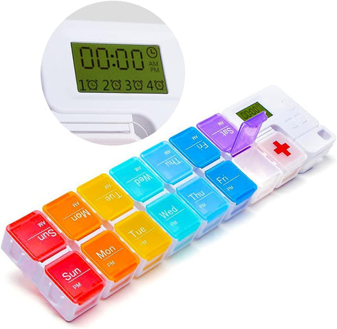 7 Day Pill Organizer,4 Reminder Alarms, Loud Sound,14 Large Compartments,Large Screen,Moisture-Proof Design,Hold Vitamins,Fish Oil,Supplements,Wee...